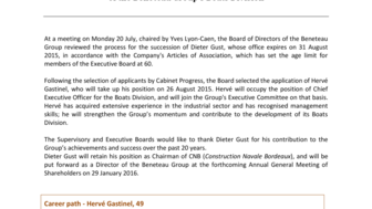 2015-07-21 : BENETEAU : Hervé Gastinel has been appointed Chief Executive Officer of the Beneteau Group’s Boats Division