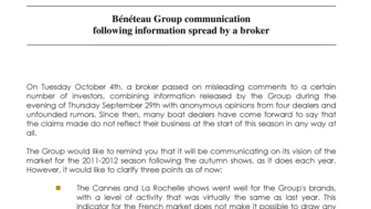 2011-10-06 : BENETEAU Group communication following information spread by a broker