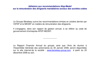 2008-12-23 : Adhesion aux recommandations AFEP MEDEF