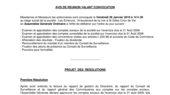 2009-12-23 : Avis réunion AG du 29-01-2010