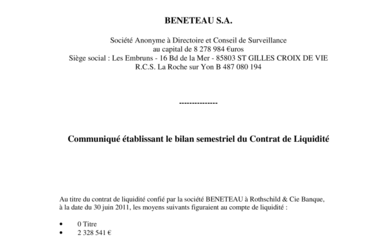 2011-06-30 : Bilan Semestriel Contrat de Liquidité