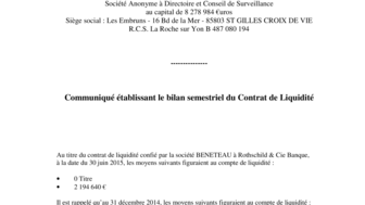 2015-07-10 : BENETEAU : Bilan semestriel Contrat de Liquidité 30-06-2015