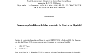 2016-07-08 : BENETEAU : Bilan semestriel Contrat de Liquidité 30-06-2016