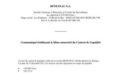 2012-01-19 : BENETEAU : Bilan semestriel Contrat de Liquidité 31-12-2011