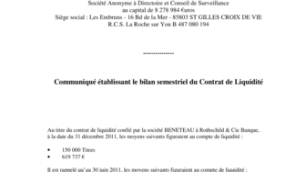 2012-01-19 : BENETEAU : Bilan semestriel Contrat de Liquidité 31-12-2011