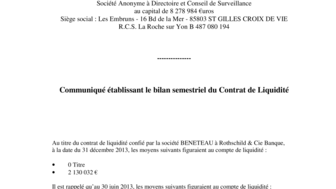 2014-01-16 : BENETEAU : Bilan semestriel Contrat de liquidité 31-12-2013
