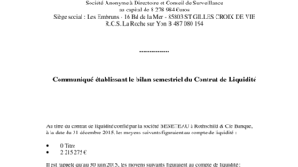 2016-01-14 : BENETEAU : Bilan semestriel Contrat de Liquidité 31-12-2015