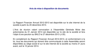 2013-12-20 : BENETEAU : Avis de mise à disposition de documents à l'AG du 31-01-2014