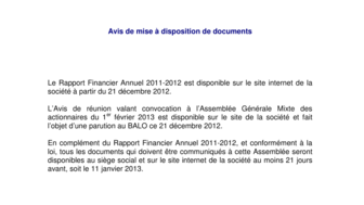 2012-12-21 : BENETEAU : Avis de mise à disposition de documents à l'AG du 1er-02-2013