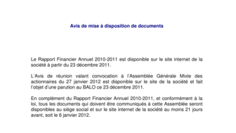 2011-12-23 : BENETEAU : Mise à disposition Rapport Financier Annuel + Réunion AG