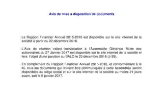 2016-12-22 : BENETEAU : Avis de mise à disposition de document à l'AG du 27-01-2017