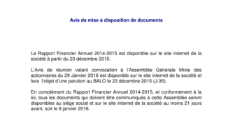 2015-12-23 : BENETEAU : Avis de mise à disposition de documents à l'AG du 29-01-2016