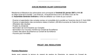 2006-12-22 : Convocation AG 26-01-2007