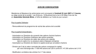2007-06-06 : Convocation AG du 22-06-2007
