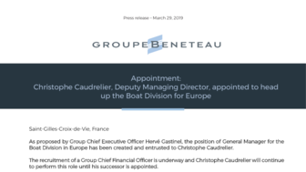 190329 BENETEAU Appointment C.Caudrelier Boat Division Europe