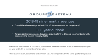 190711 BENETEAU 2018-19 nine-month revenues, Full-year outlook