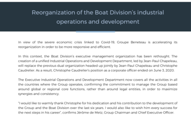 200605 BENETEAU Reorganization of the Boat Division's industrial operations and development
