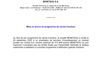 220930 BENETEAU Mise en oeuvre Programme rachat d'actions