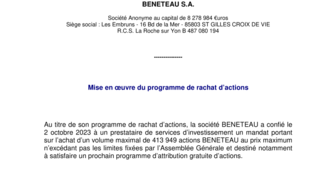 231002 BENETEAU Mise en oeuvre Programme rachat d'actions