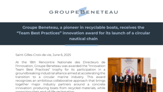 Groupe Beneteau, a pioneer in recyclable boats, receives the “Team Best Practices” innovation award for its launch of a circular nautical chain