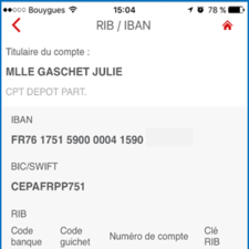 Ecran IBAN et RIB dans l’application Banxo