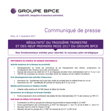 [Communiqué de presse] Résultats T3 et 9M 2017 du Groupe BPCE