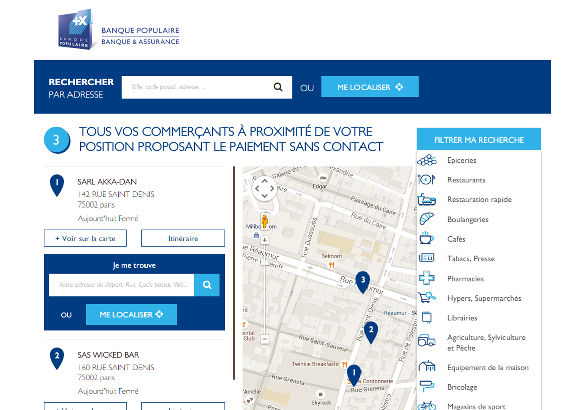 Site Banque Populaire géolocalisation sans contact