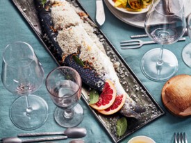 Bar en croûte de sel au pamplemousse, et ses tagliatelles de légumes à la crème