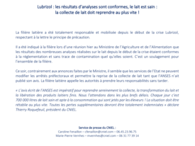 Communique_CNIEL_Lubrisol  La collecte de lait doit reprendre au plus vite_11 10 19