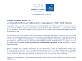 COMMUNIQUE DE PRESSE - Journée Mondiale du Lait 2021 -  Le renouvellement des générations, enjeu majeur pour une filière laitière durable