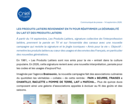 Communiqué - Campagne « Les produits laitiers reviennent en TV pour réaffirmer la désirabilité du lait et des produits laitiers »