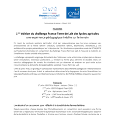 Communiqué de presse - Palmarès - 1ère édition du challenge France Terre de Lait des lycées agricoles
