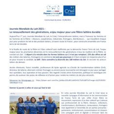 COMMUNIQUE DE PRESSE - Journée Mondiale du Lait 2021 -  Le renouvellement des générations, enjeu majeur pour une filière laitière durable