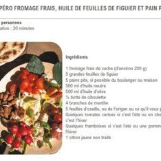 Apéro fromage frais, huile de feuilles de figuier et pain pita