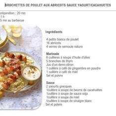 Brochettes de poulet aux abricots sauce yaourt/cacahuètes