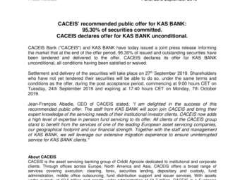 PR CACEIS declares its offer unconditional