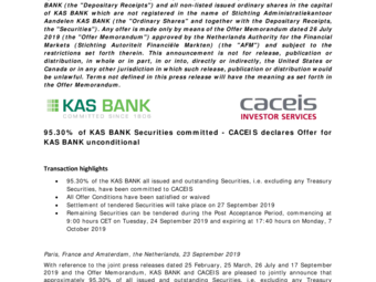 Common Press Release CACEIS KAS BANK - Declaration unconditional