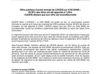 CP CACEIS déclare que son offre est inconditionnelle