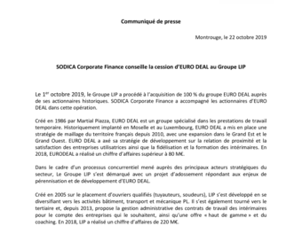 2019 10 22 SODICA Corporate Finance conseille la cession d’EURO DEAL au Groupe LIP.pdf