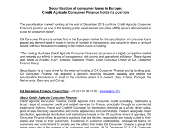 Securitisation of consumer loans in Europe: Crédit Agricole Consumer Finance holds its position
