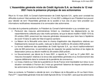 Communiqué de presse : L’Assemblée générale mixte de Crédit Agricole S.A. se tiendra le 12 mai 2021 hors la présence physique de ses actionnaires