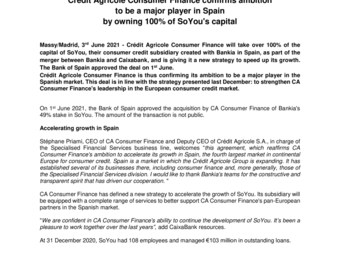 2021 06 03 Crédit Agricole Consumer Finance confirms ambition to be a major player in Spain by owning 100% of SoYou's capital.pdf