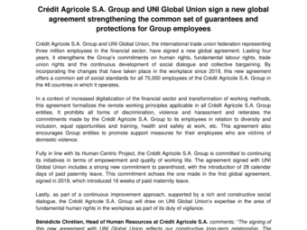 Crédit Agricole S.A. Group and UNI Global Union sign a new global agreement  strengthening the common set of guarantees and protections for Group  employees