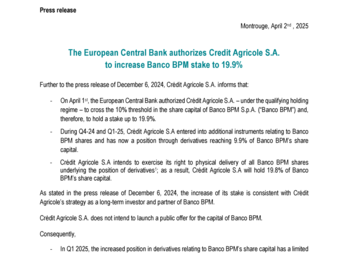 2025 04 01 PR The European Central Bank authorizes Credit Agricole S.A. to increase Banco BPM stake to 19.9% - vdéf.pdf