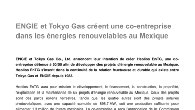 ENGIE et Tokyo Gas créent une co-entreprise dans les énergies renouvelables au Mexique
