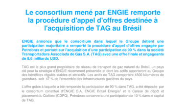 Le consortium mené par ENGIE remporte la procédure d'appel d'offres destinée à l'acquisition de TAG au Brésil