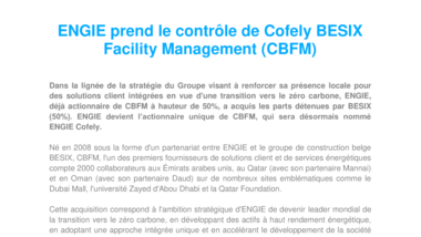 ENGIE prend le contrôle de Cofely BESIX Facility Management (CBFM)