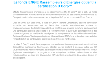Le fonds ENGIE Rassembleurs d’Energies obtient la certification B Corp™