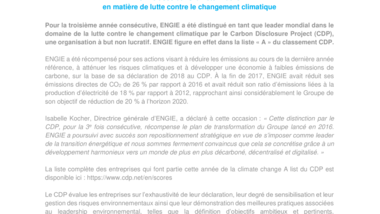 ENGIE classé dans la liste A du CDP en matière de lutte contre le changement climatique