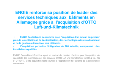 ENGIE renforce sa position de leader des services techniques aux bâtiments en Allemagne grâce à l'acquisition d'OTTO Luft-und-Klimatechnik